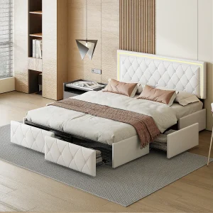 Bed 160x200cm met LED-lifthoofdeinde, gestoffeerd bed met 4 lades en bedopbergruimte, wit Bed 160x200cm met LED-lifthoofdeinde, gestoffeerd bed met 4 lades en bedopbergruimte, wit