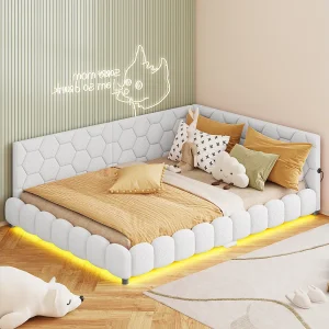 Bed 140x200cm, tweepersoonsbed met led-verlichting, USB-aansluiting, pluche stof, slaapbank, beige Bed 140x200cm, tweepersoonsbed met led-verlichting, USB-aansluiting, pluche stof, slaapbank, beige