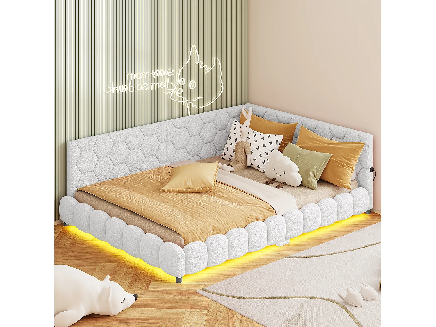 Bed 140x200cm, tweepersoonsbed met led-verlichting, USB-aansluiting, pluche stof, slaapbank, beige