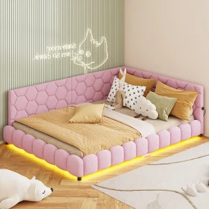 Bed 140x200cm, tweepersoonsbed met led-verlichting, USB-aansluiting, pluche stof, slaapbank, roze Bed 140x200cm, tweepersoonsbed met led-verlichting, USB-aansluiting, pluche stof, slaapbank, roze