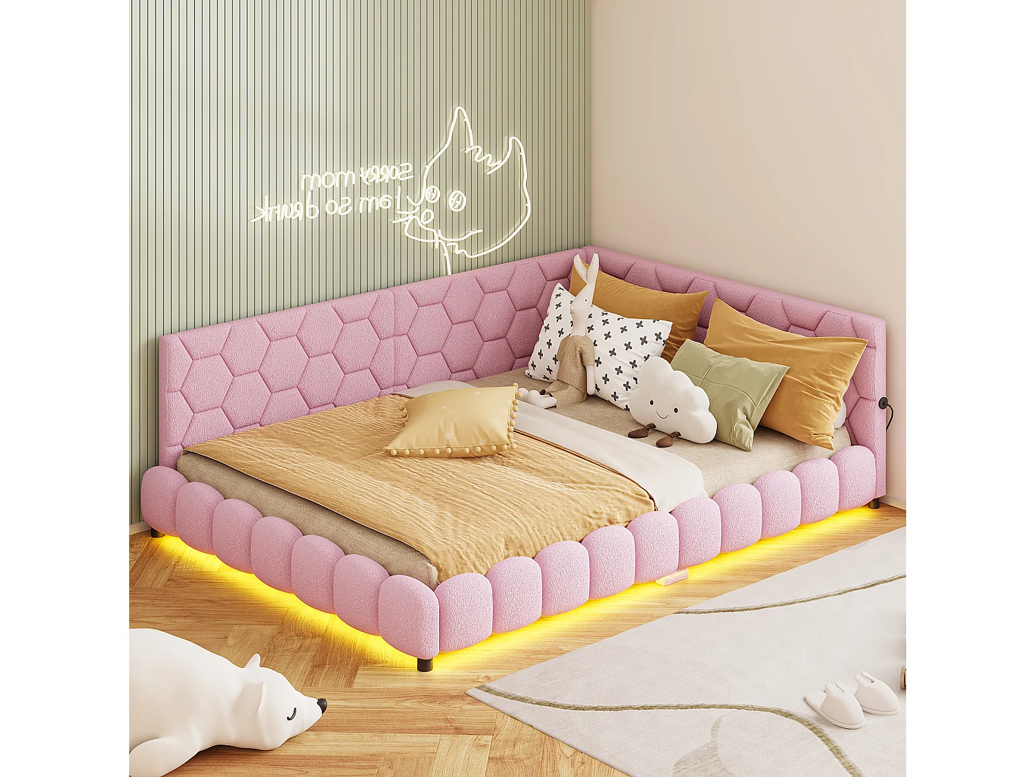 Bed 140x200cm, tweepersoonsbed met led-verlichting, USB-aansluiting, pluche stof, slaapbank, roze