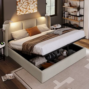 Bed 160×200 met LED en USB-voet, Tweepersoonsbed met lattenbodem en opbergruimte, Leinen, Grijs Bed 160×200 met LED en USB-voet, Tweepersoonsbed met lattenbodem en opbergruimte, Leinen, Grijs