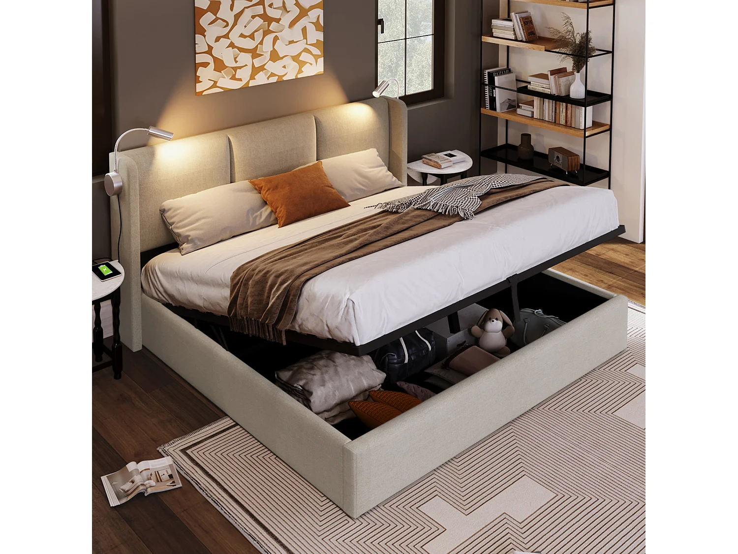 Bed 160x200 met LED en USB-voet, Tweepersoonsbed met lattenbodem en opbergruimte, Leinen, Grijs