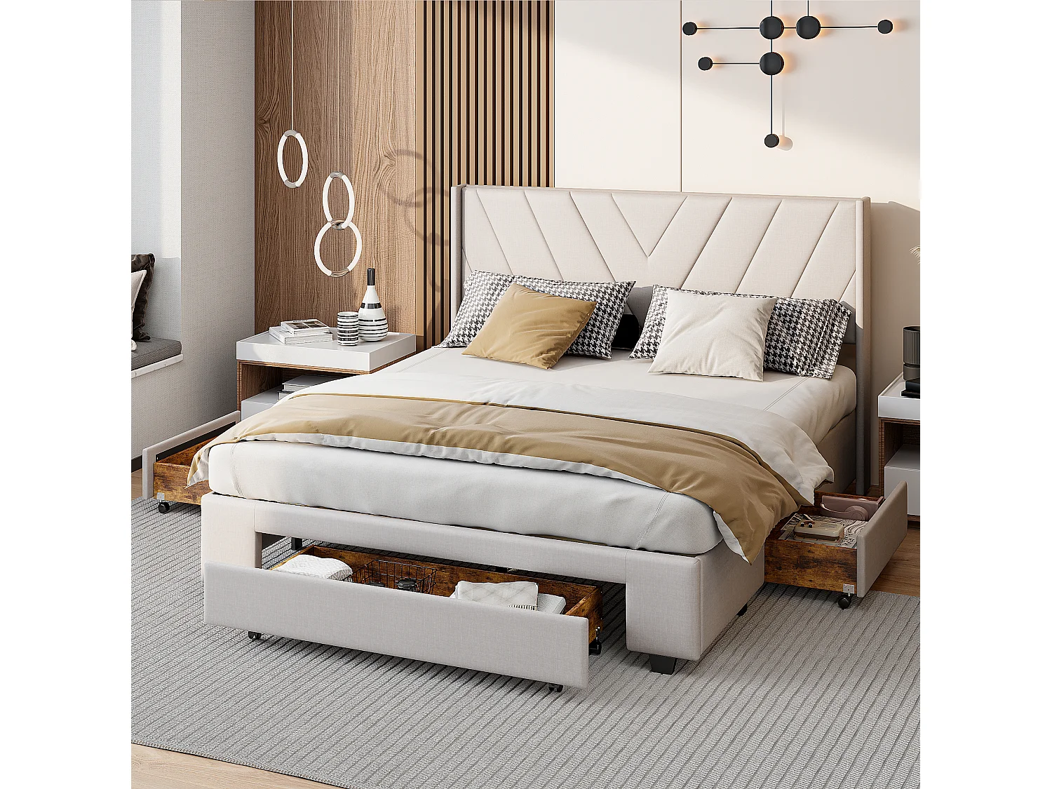 Bed 140x200cm met opberglades, gestoffeerd bed met lattenbodem, linnen, beige