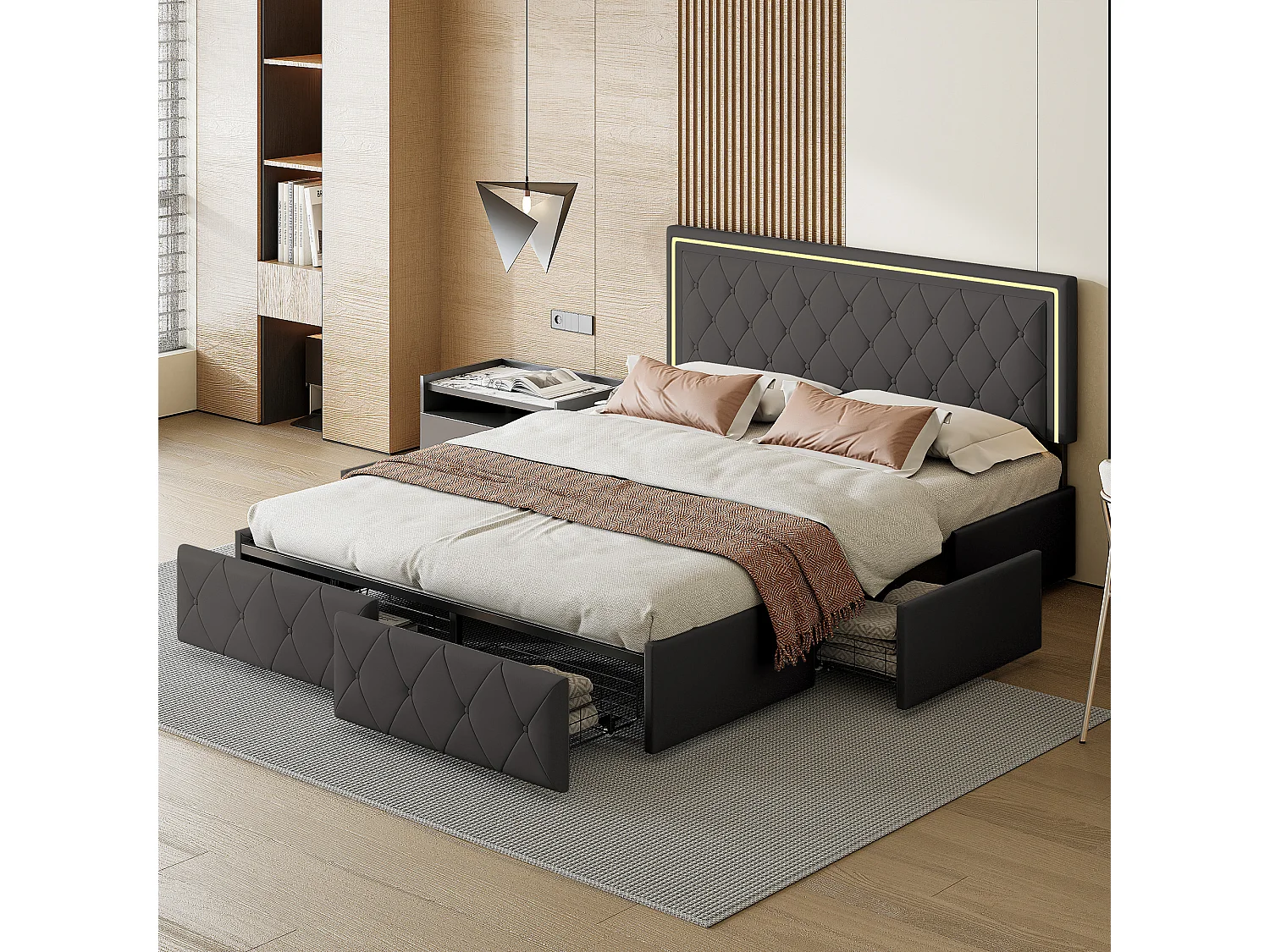 Bed 140x200cm met LED-lifthoofdeinde, gestoffeerd bed met 4 lades en bedopbergruimte, grijs