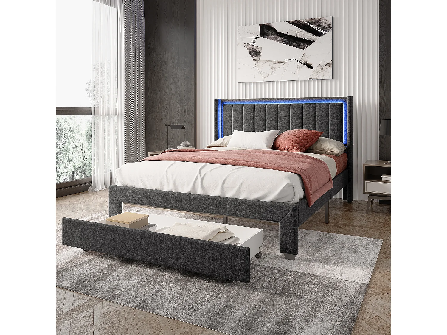 Bed 140x200 cm met lattenbodem en lade, gewatteerd bed met USB en LED, grijs