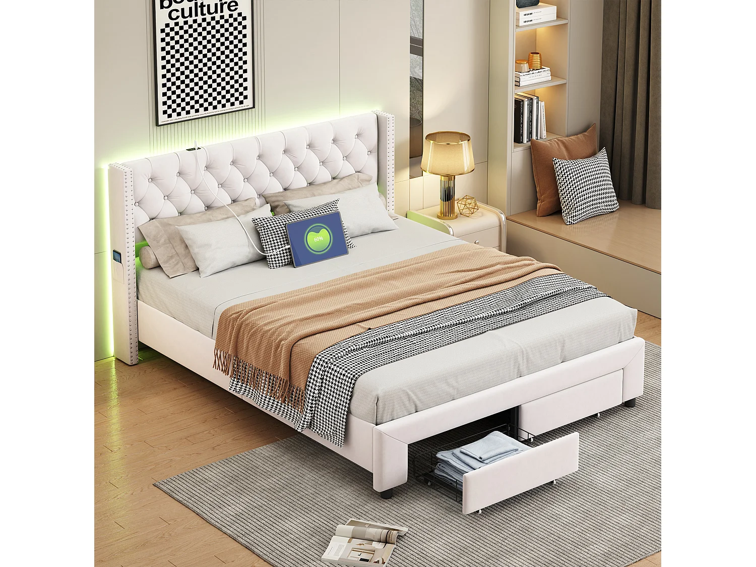 Bed 160x200cm met opbergruimte en LED, lattenbodem, gestoffeerd tweepersoonsbed met USB, fluweel, beige