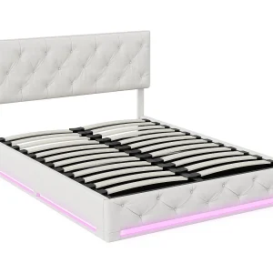 Bed 140x200cm, opbergruimte, lattenbodem, ledverlichting en opklapbaar hoofdeinde, beige Bed 140x200cm, opbergruimte, lattenbodem, ledverlichting en opklapbaar hoofdeinde, beige