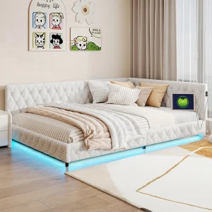 Bed 140x200cm, tweepersoonsbed met led-verlichting, USB-poort, type C, pluche stof, slaapbank, beige Bed 140x200cm, tweepersoonsbed met led-verlichting, USB-poort, type C, pluche stof, slaapbank, beige
