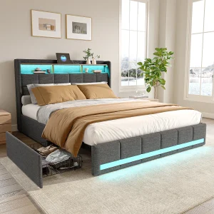 Bed 140×190 cm met LED-verlichting en USB, 4 lades en opberghoofdeinde, linnen, grijs Bed 140×190 cm met LED-verlichting en USB, 4 lades en opberghoofdeinde, linnen, grijs