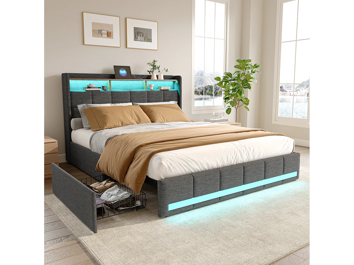 Bed 140x190 cm met LED-verlichting en USB, 4 lades en opberghoofdeinde, linnen, grijs