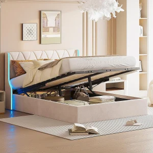 Bed 140×190 cm met lattenbodem en led-verlichting, bed met opbergruimte 140×190 lattenbodem, fluweel, beige Bed 140×190 cm met lattenbodem en led-verlichting, bed met opbergruimte 140×190 lattenbodem, fluweel, beige
