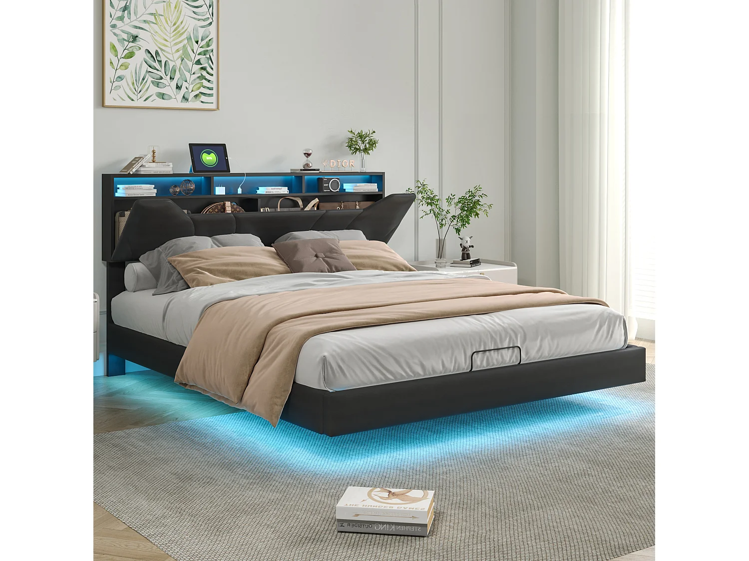 Bed 140x200 cm met LED-verlichting, Opbergbed met USB-aansluiting, Hoofdeinde in hoogte verstelbaar, Zwart