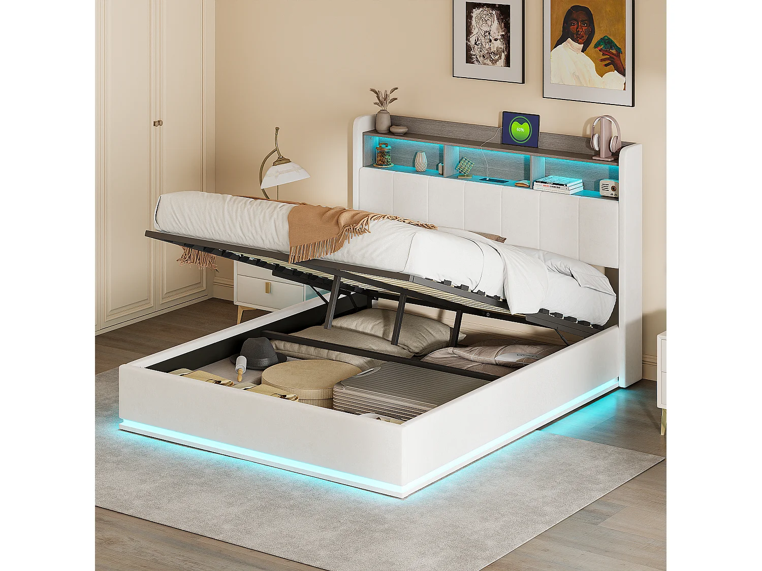 Bed 160x200cm met LED-verlichting, opbergbed met lattenbodem, stopcontacten, USB en Type-C, fluweel