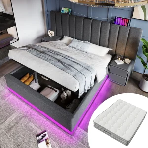 Bed 180×200 cm met opbergruimte, LED en USB-C, grijs linnen frame, met matras (180×200 cm)