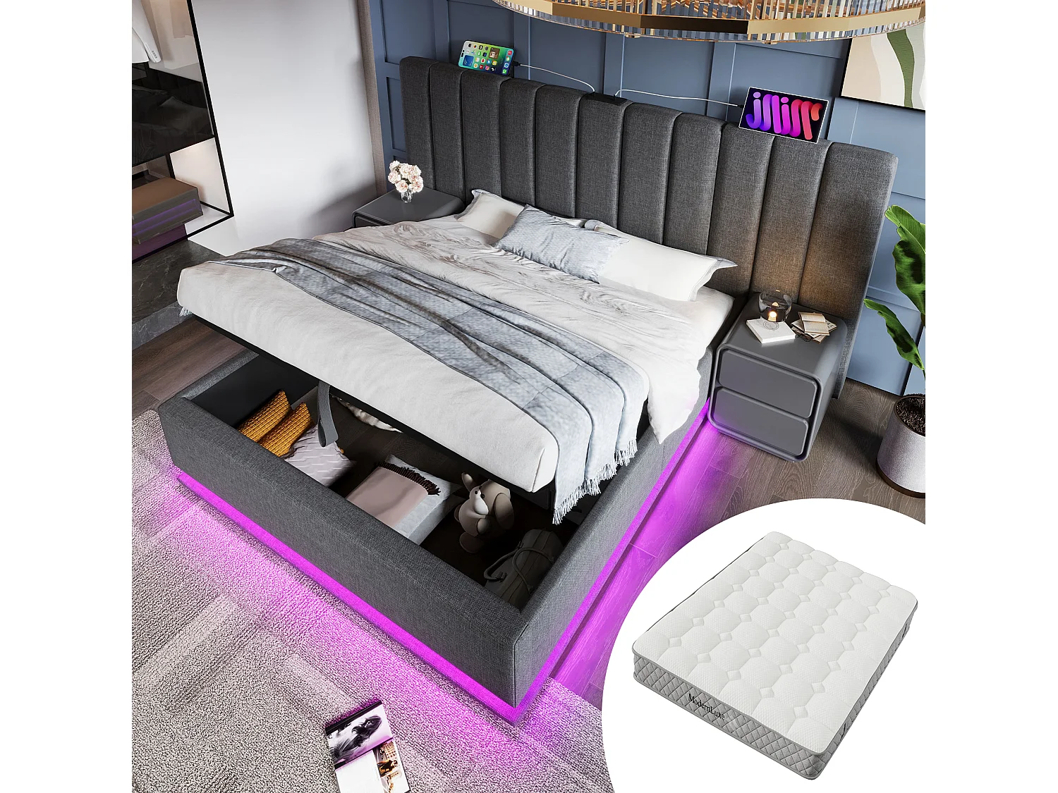 Bed 180x200 cm met opbergruimte, LED en USB-C, grijs linnen frame, met matras (180x200 cm)