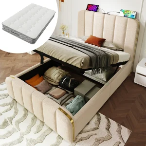 Bed met hydraulische opbergruimte, gestoffeerd hoofdeinde, fluweel, beige, USB Type-C (90x200x101 cm)