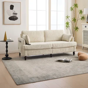Beige chenille 2-zitsbank – Rechte bank met opbergruimte en ledverlichting – USB-oplaadpoort en houten poten Beige chenille 2-zitsbank – Rechte bank met opbergruimte en ledverlichting – USB-oplaadpoort en houten poten