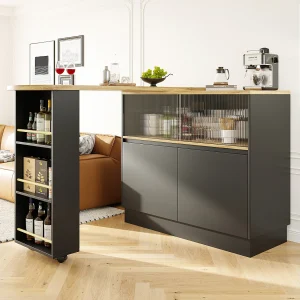 Barkast met 2 deuren – Uitschuifbare barkast met 2 glazen schuifdeuren en open planken – zwart Barkast met 2 deuren – Uitschuifbare barkast met 2 glazen schuifdeuren en open planken – zwart