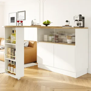 Barkast met 2 deuren – Uitschuifbare barkast met 2 glazen schuifdeuren en open planken – wit Barkast met 2 deuren – Uitschuifbare barkast met 2 glazen schuifdeuren en open planken – wit