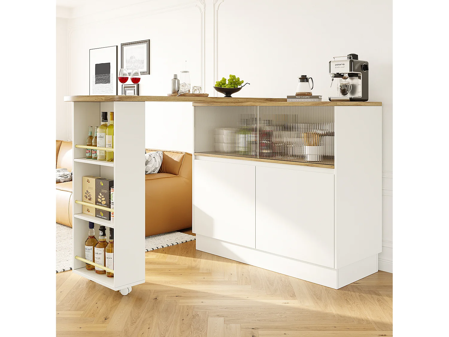 Barkast met 2 deuren – Uitschuifbare barkast met 2 glazen schuifdeuren en open planken – wit