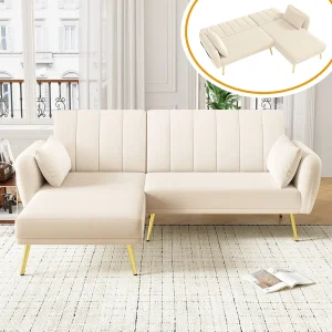 Beige hoekbank – 3-zitsbank met 3-voudig verstelbare rugleuning en zijzakken – fluweel Beige hoekbank – 3-zitsbank met 3-voudig verstelbare rugleuning en zijzakken – fluweel