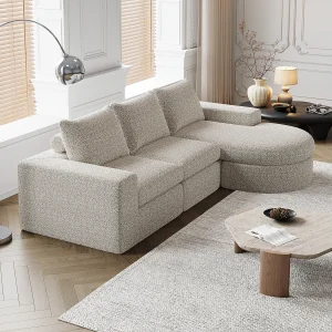 Beige hoekbank – 3-zitsbank met 3 kussens en 2 hoofdsteunen – chenille Beige hoekbank – 3-zitsbank met 3 kussens en 2 hoofdsteunen – chenille