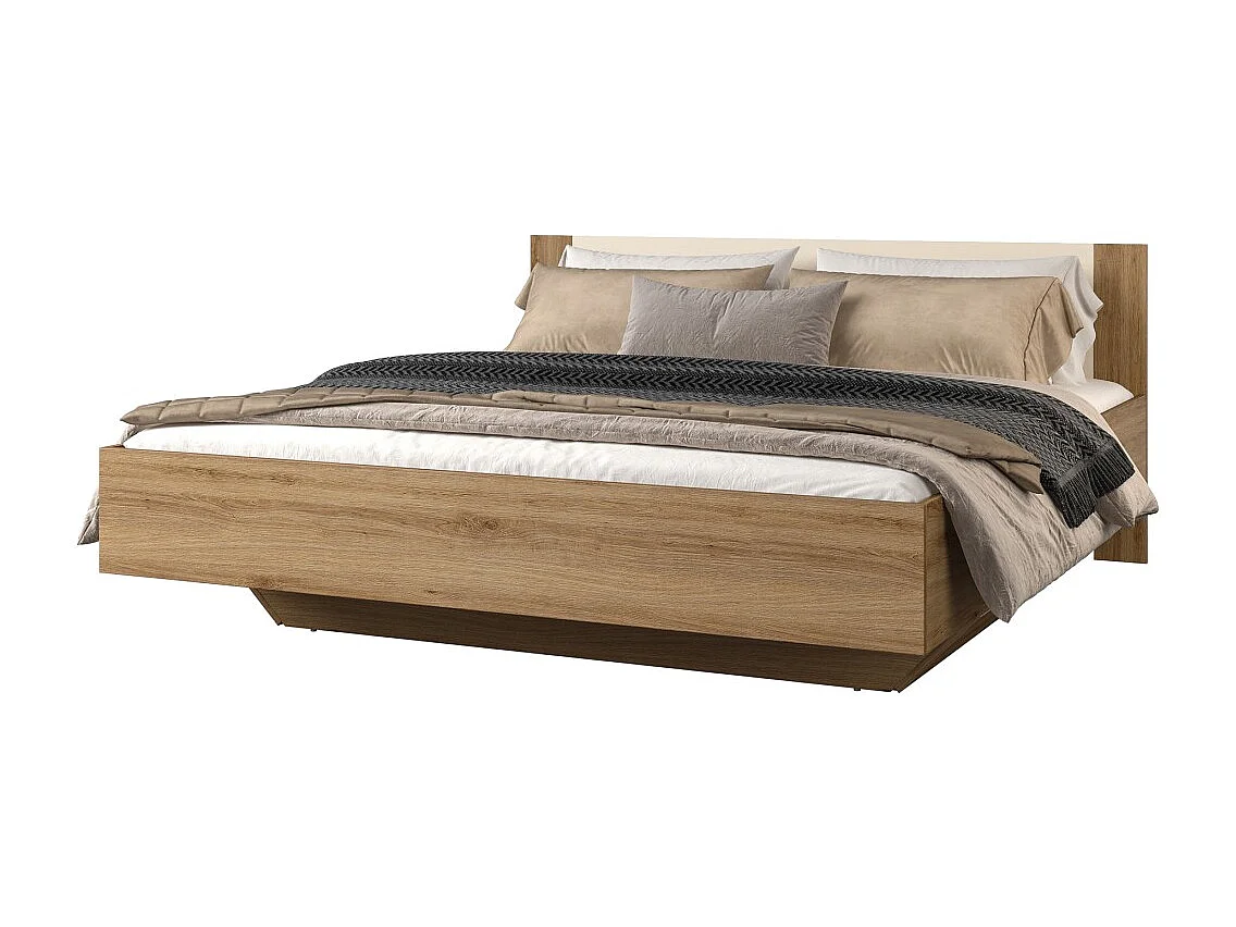 Bed met opbergruimte VERTIGO – 160x200 cm – Wild eiken en zandbeige – Met designvoet en inbegrepen lattenbodem