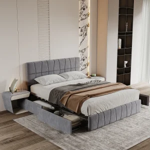 Bed 160×200, bedframe met in hoogte verstelbaar gestoffeerd hoofdeinde, 4 lades, grijs Bed 160×200, bedframe met in hoogte verstelbaar gestoffeerd hoofdeinde, 4 lades, grijs
