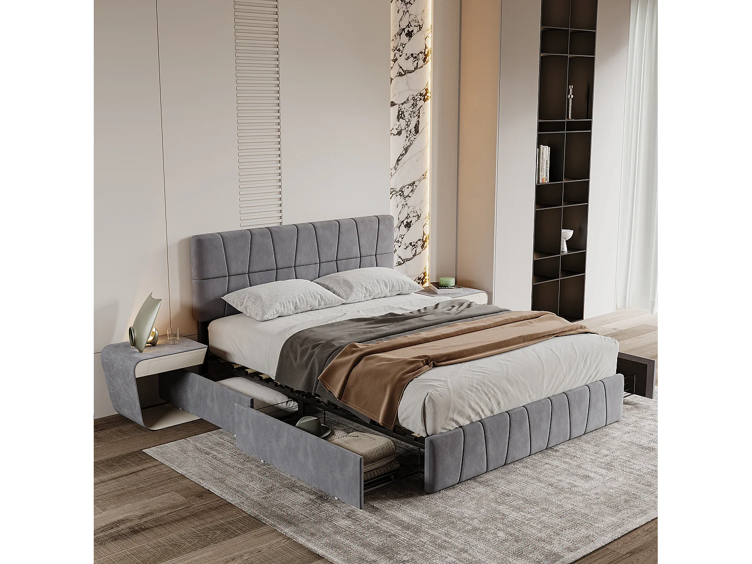 Bed 160x200, bedframe met in hoogte verstelbaar gestoffeerd hoofdeinde, 4 lades, grijs