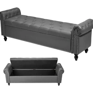 Bedbank Succebuy 166 cm PU-Leren Opbergbank met Opbergruimte, Armleuningen en Houten Poten, Gestoffeerde Bank, Ideaal voor Slaapkamer, Hal, Woonkamer, Grijs Bedbank Succebuy 166 cm PU-Leren Opbergbank met Opbergruimte, Armleuningen en Houten Poten, Gestoffeerde Bank, Ideaal voor Slaapkamer, Hal, Woonkamer, Grijs