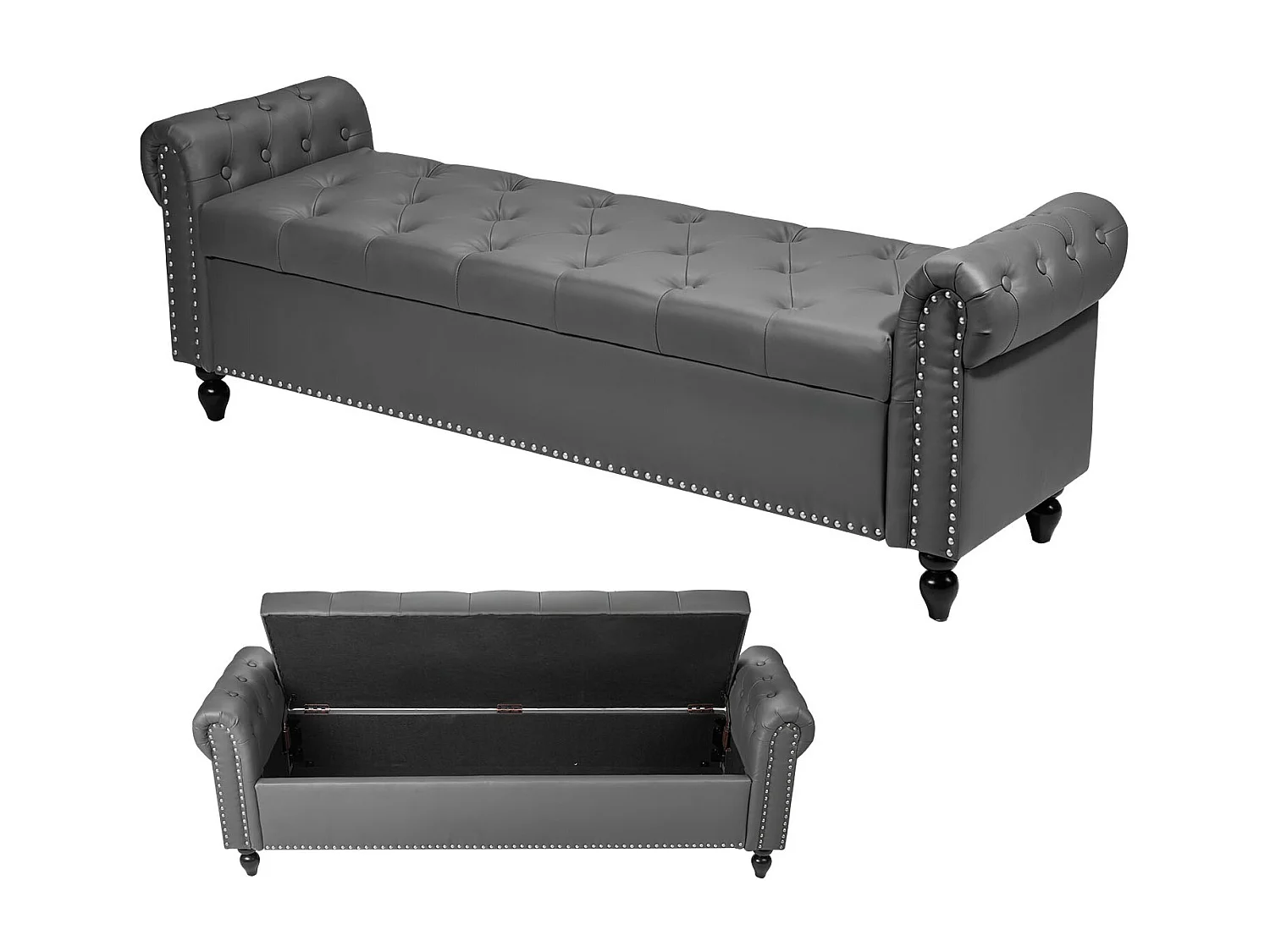 Bedbank Succebuy 166 cm PU-Leren Opbergbank met Opbergruimte, Armleuningen en Houten Poten, Gestoffeerde Bank, Ideaal voor Slaapkamer, Hal, Woonkamer, Grijs
