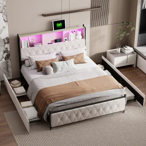 Beige fluwelen opbergbed met lades, veelkleurig LED-hoofdbord met opbergruimte en USB/Type-C-poorten – 160×200 cm Beige fluwelen opbergbed met lades, veelkleurig LED-hoofdbord met opbergruimte en USB/Type-C-poorten – 160×200 cm