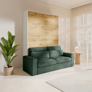 Opklapbaar bed met verticale opening 140 x 200 cm in naturel en wit + groene sofa – BEGANIO Opklapbaar bed met verticale opening 140 x 200 cm in naturel en wit + groene sofa – BEGANIO