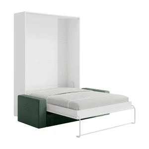 Opklapbaar bed verticale opening 140 x 200 cm wit + matras + groene sofa – BEGANIO Opklapbaar bed verticale opening 140 x 200 cm wit + matras + groene sofa – BEGANIO