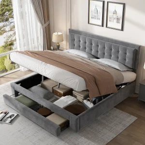 Bed met opbergruimte en lades, fluwelen stof, gestoffeerd bed, 160 x 200 cm, grijs, verstelbare hoofdbord Bed met opbergruimte en lades, fluwelen stof, gestoffeerd bed, 160 x 200 cm, grijs, verstelbare hoofdbord