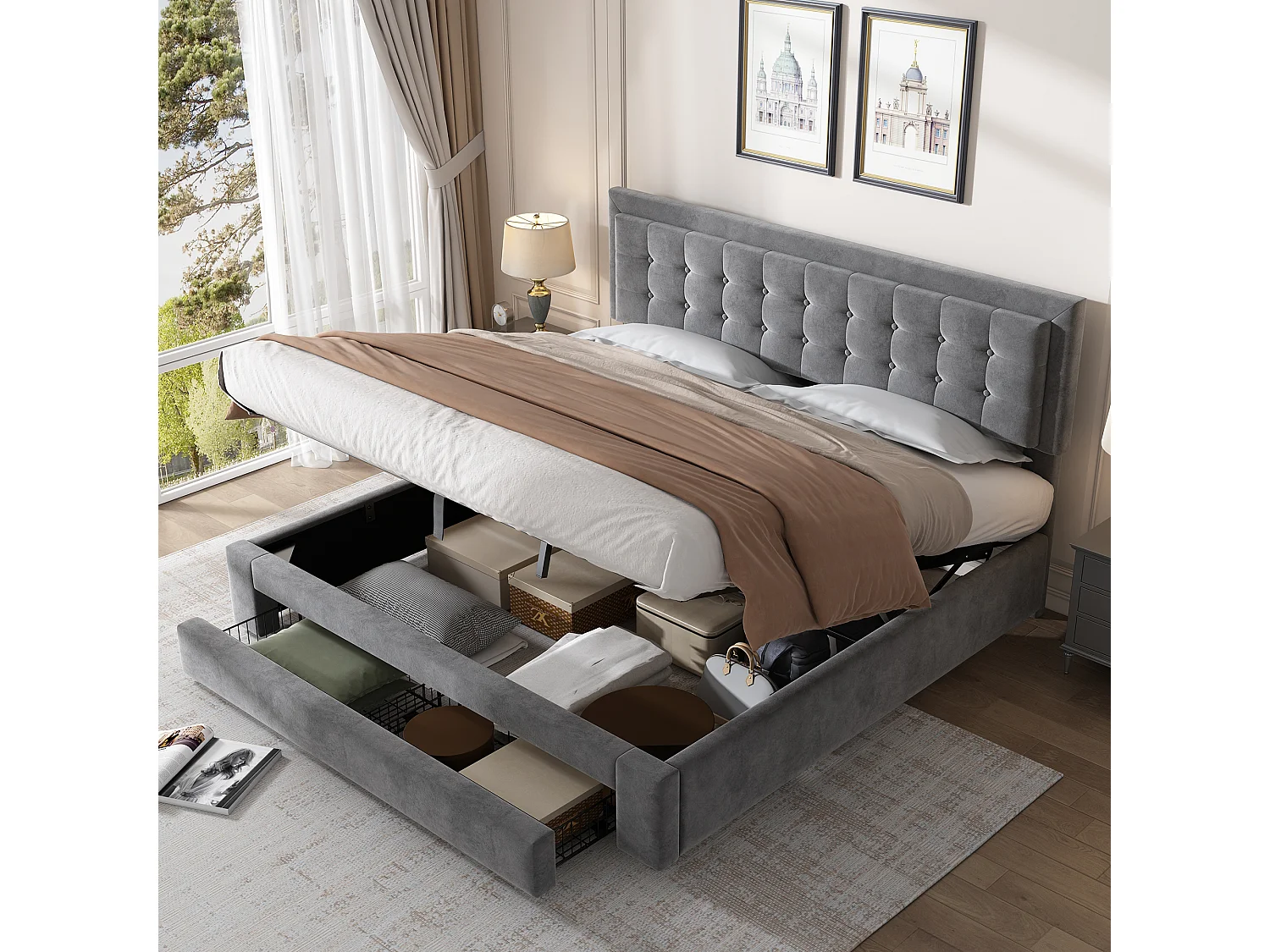 Bed met opbergruimte en lades, fluwelen stof, gestoffeerd bed, 160 x 200 cm, grijs, verstelbare hoofdbord