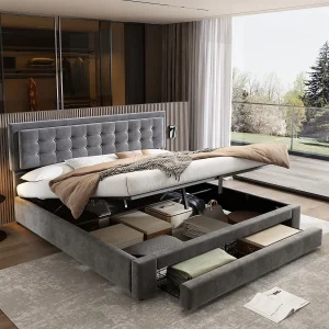 Bed met lades en opbergruimte, velvet stof, gestoffeerd bed, 180 x 200 cm, grijs, verstelbare hoofdbord