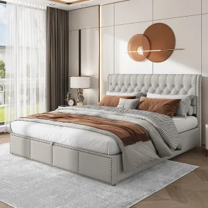 Bed van katoen-linnen, 180 x 200 cm, grijs, met opbergruimte en elegant klinkerontwerp Bed van katoen-linnen, 180 x 200 cm, grijs, met opbergruimte en elegant klinkerontwerp