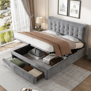 Bed met opbergruimte en lades, fluwelen stof, gestoffeerd bed, 140 x 200 cm, grijs, verstelbare hoofdbord