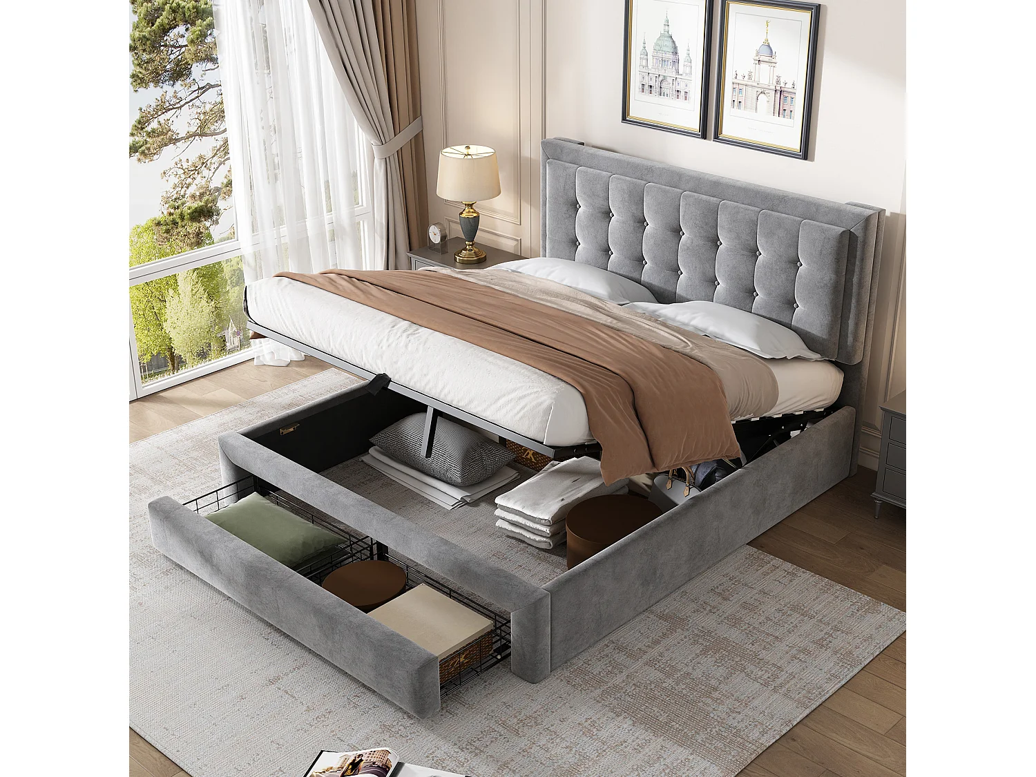 Bed met opbergruimte en lades, fluwelen stof, gestoffeerd bed, 140 x 200 cm, grijs, verstelbare hoofdbord