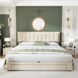 Bed met opbergruimte en lades, fluwelen stof, gestoffeerd bed, 160 x 200 cm, beige, verstelbare hoofdbord