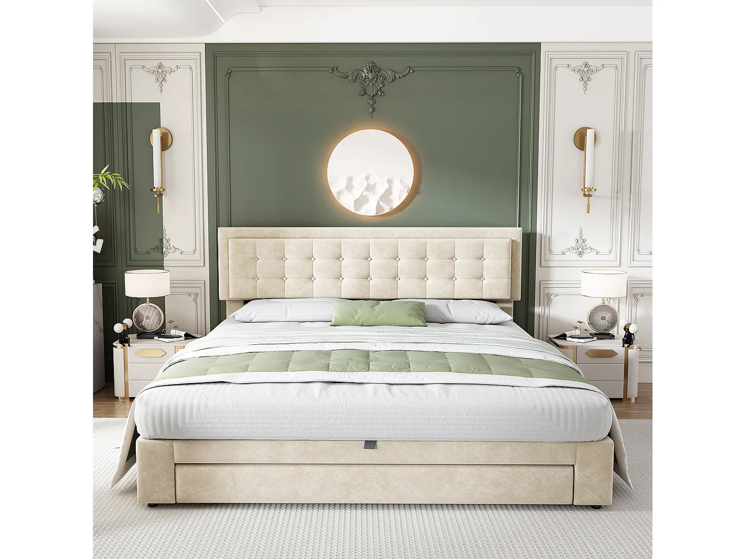 Bed met opbergruimte en lades, fluwelen stof, gestoffeerd bed, 160 x 200 cm, beige, verstelbare hoofdbord