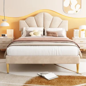 Beige velvet bed 140×200 cm with adjustable headboard and golden iron legs, elegant and modern design Beige velvet bed 140×200 cm with adjustable headboard and golden iron legs, elegant and modern design