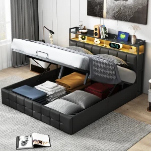 Bed met LED-hoofdbord en opbergruimte, USB-C en USB-oplader, gasveer – 140×190 cm, zwart PU-design (zonder matras) Bed met LED-hoofdbord en opbergruimte, USB-C en USB-oplader, gasveer – 140×190 cm, zwart PU-design (zonder matras)