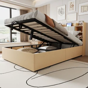 Bed met hydraulische opbergruimte 140 x 200 cm, hoofdeinde met opbergruimte, USB- en Tape-C-aansluiting, MDF, natuurlijk hout (221×144,5×99,5 cm) Bed met hydraulische opbergruimte 140 x 200 cm, hoofdeinde met opbergruimte, USB- en Tape-C-aansluiting, MDF, natuurlijk hout (221×144,5×99,5 cm)