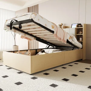 Bed met hydraulische opbergruimte 90 x 200 cm, hoofdeinde met opbergruimte, USB- en Tape-C-aansluiting, MDF, natuurlijk hout (221×94,2×99,5 cm) Bed met hydraulische opbergruimte 90 x 200 cm, hoofdeinde met opbergruimte, USB- en Tape-C-aansluiting, MDF, natuurlijk hout (221×94,2×99,5 cm)