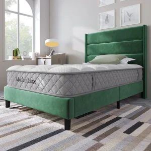 Bed 90×200 cm, frame met lattenbodem en hoofdbord, tweepersoonsbed in donkergroen fluweel, modern design (209x96x111 cm) Bed 90×200 cm, frame met lattenbodem en hoofdbord, tweepersoonsbed in donkergroen fluweel, modern design (209x96x111 cm)