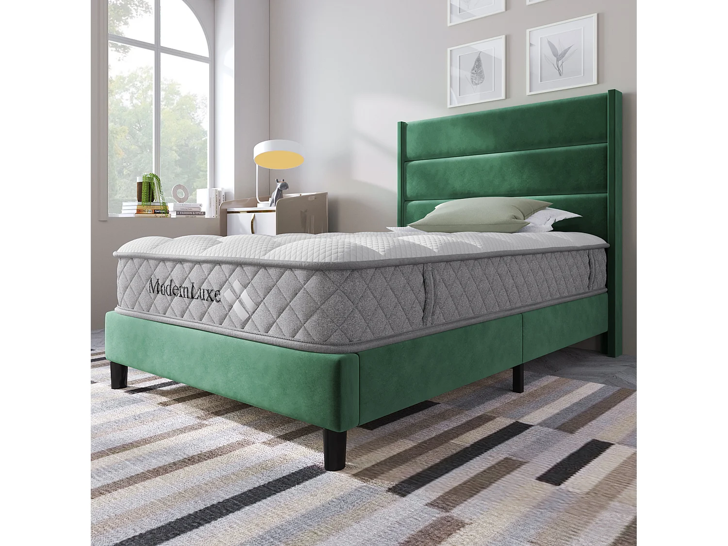 Bed 90x200 cm, frame met lattenbodem en hoofdbord, tweepersoonsbed in donkergroen fluweel, modern design (209x96x111 cm)