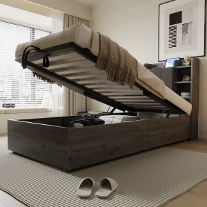 Bed met hydraulische opbergruimte 90 x 200 cm, hoofdbord met opbergruimte, USB- en Tape-C-aansluiting, MDF, grijs (221×94,2×99,5 cm) Bed met hydraulische opbergruimte 90 x 200 cm, hoofdbord met opbergruimte, USB- en Tape-C-aansluiting, MDF, grijs (221×94,2×99,5 cm)